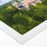 Art Deco poster featuring a European cityscape in muted earth tones on rolled canvas, suitable for dining room decor.