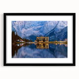 Extra large wall art depicting abstract, colorful art of a Slovenian landscape in textured tones, framed in black.