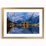 Textured abstract art print of a Slovenian landscape in muted earth tones, framed in gold, ideal for bedroom art.