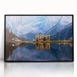 Large abstract wall art depicting a Slovenian landscape in muted earth tones, framed in black acrylic.