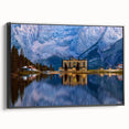 Black and white framed canvas of a Slovenian landscape, ideal for bedroom wall decor.