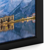 Framed canvas depicting a textured Slovenian landscape in black with colorful accents, suitable for a living room.