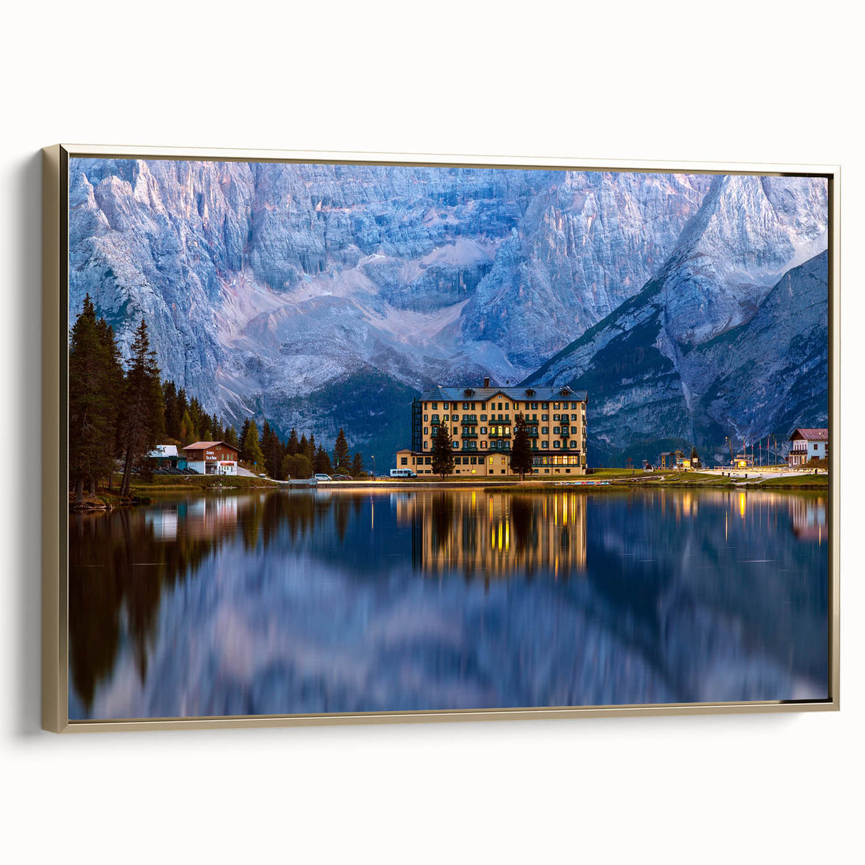 Framed canvas of a colorful Slovenian landscape, featuring muted earth tones, ideal for living room decor.