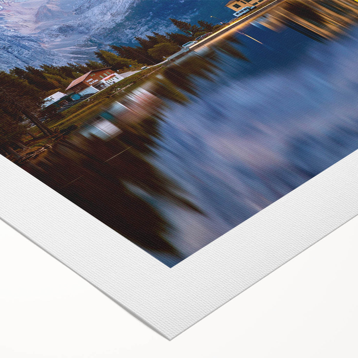 Art deco poster of a Slovenian landscape in muted green and blue tones on rolled canvas, suitable for dining room decor.