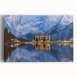Black and white stretched canvas of a Slovenian landscape, ideal for kitchen wall art.