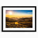 Extra large, textured abstract art print of colorful Andalucian scenery in a black frame, ideal for living room decor.