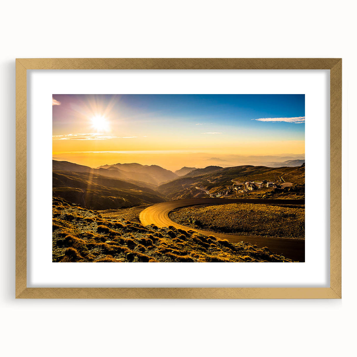 Textured art of an abstract Andalucian landscape in muted earth tones, framed in gold, ideal for bedroom decor.