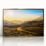 Mid-century modernist art depicting Andalucia, Spain scenery in gold and blue tones on a framed acrylic print.