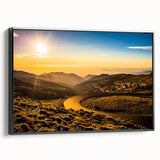 Black and white wall art featuring a vintage poster of an Andalucian landscape on framed canvas, ideal for bedroom decor.