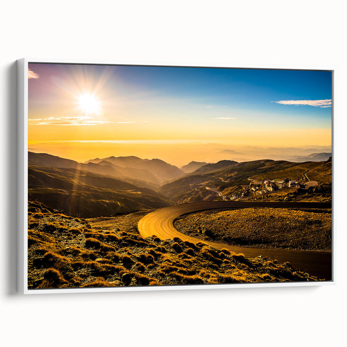 Framed canvas of a vintage-style Andalucian landscape in black and white tones, ideal for bedroom wall art.