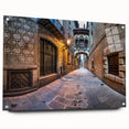 Acrylic print of a large abstract Barcelona cityscape in muted earth tones, suitable for bedroom or dining room decor.