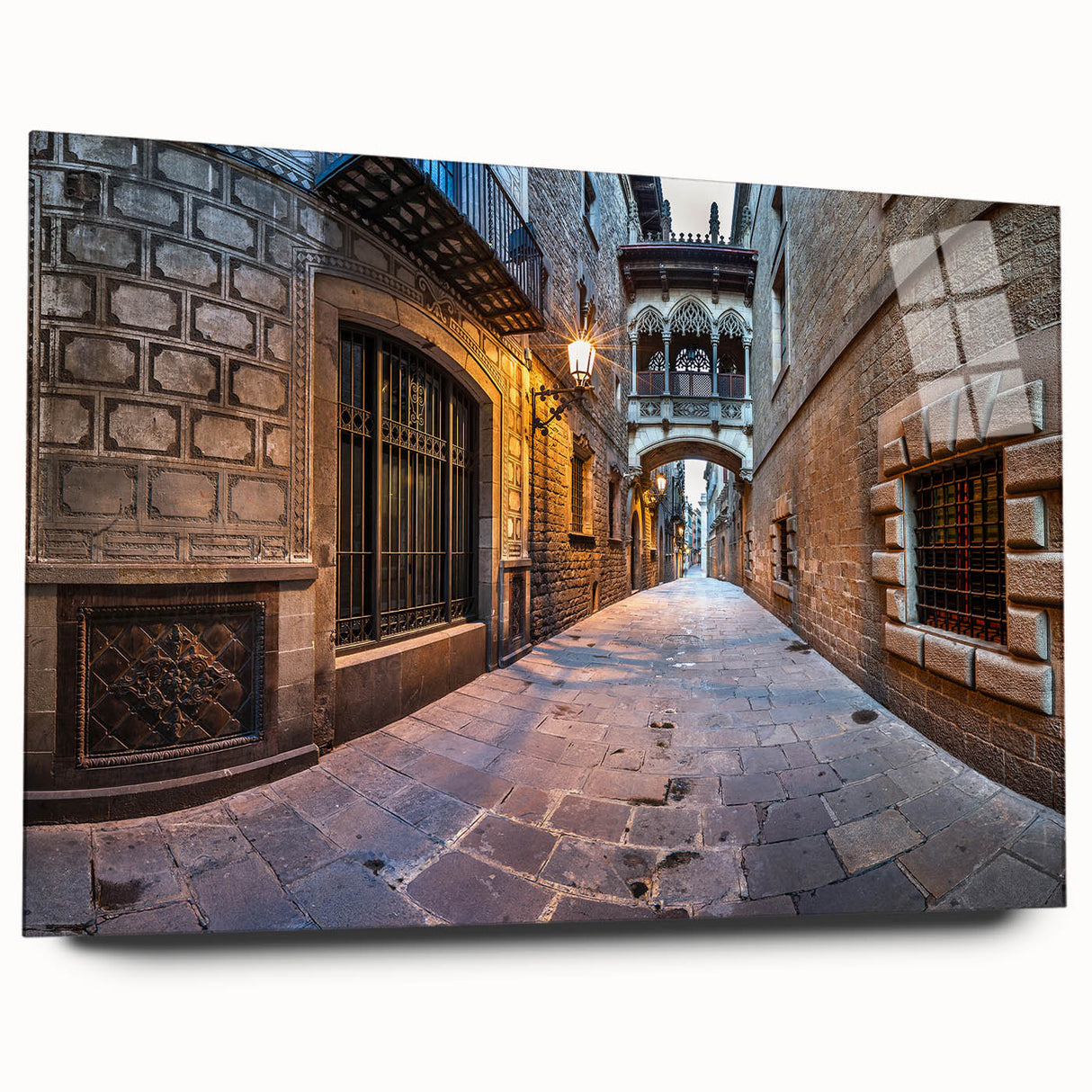 Large abstract wall art of Barcelona cityscape in muted colors on acrylic glass, ideal for bedroom or dining room decor.