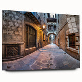 Large abstract wall art of Barcelona cityscape in muted colors on acrylic glass, ideal for bedroom or dining room decor.
