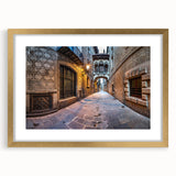 Textured abstract art print of Barcelona with gold frame and mat, in muted earth tones, ideal for bedroom art.