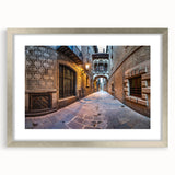 Extra large abstract art print of Barcelona skyline in muted earth tones, framed with a silver mat.