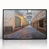 Large abstract wall art of Barcelona cityscape in muted grays and blues on a framed acrylic.