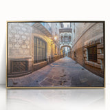 Art Deco style poster of Barcelona skyline in gold and black tones, acrylic frame, ideal for modern art wall decor.