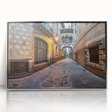 Large art print of Barcelona scenery in muted blues and greens, framed in silver acrylic, suitable for modern art wall decor.