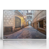 Mid-century modernist art of Barcelona skyline in muted earth tones on framed acrylic, ideal for nursery wall art.