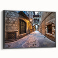 Black and white vintage poster art of Barcelona landscape on framed canvas, suitable for bedroom decor.