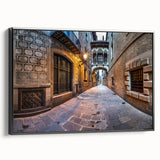 Black and white vintage poster art of Barcelona landscape on framed canvas, suitable for bedroom decor.