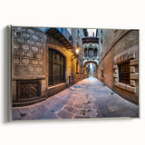 Landscape art painting of Barcelona with colorful and vintage poster art style on framed canvas, ideal for living room decor.