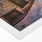 Art deco poster of Barcelona skyline in muted earth tones on rolled canvas, suitable for dining room wall art.