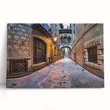 Black and white stretched canvas of Barcelona streetscape, ideal for kitchen wall art.