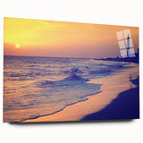 Large abstract wall art featuring a serene Canary Islands landscape in muted blue and green tones, printed on acrylic glass.