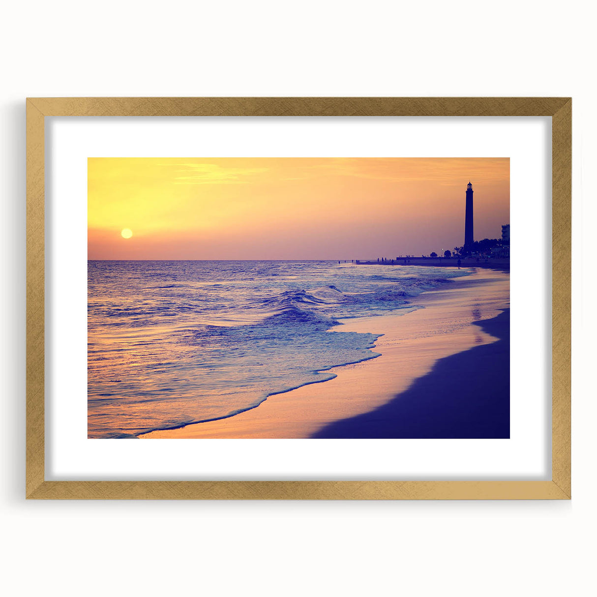 Abstract art print of a European scenery in muted earth tones, framed in gold, ideal for bedroom or dining room decor.