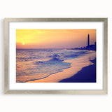 Extra large abstract art print of a textured European scenery in muted earth tones, framed in silver.