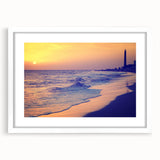 Textured abstract art print of a European scenery in muted earth tones, framed with a white mat, suitable for bedroom art.