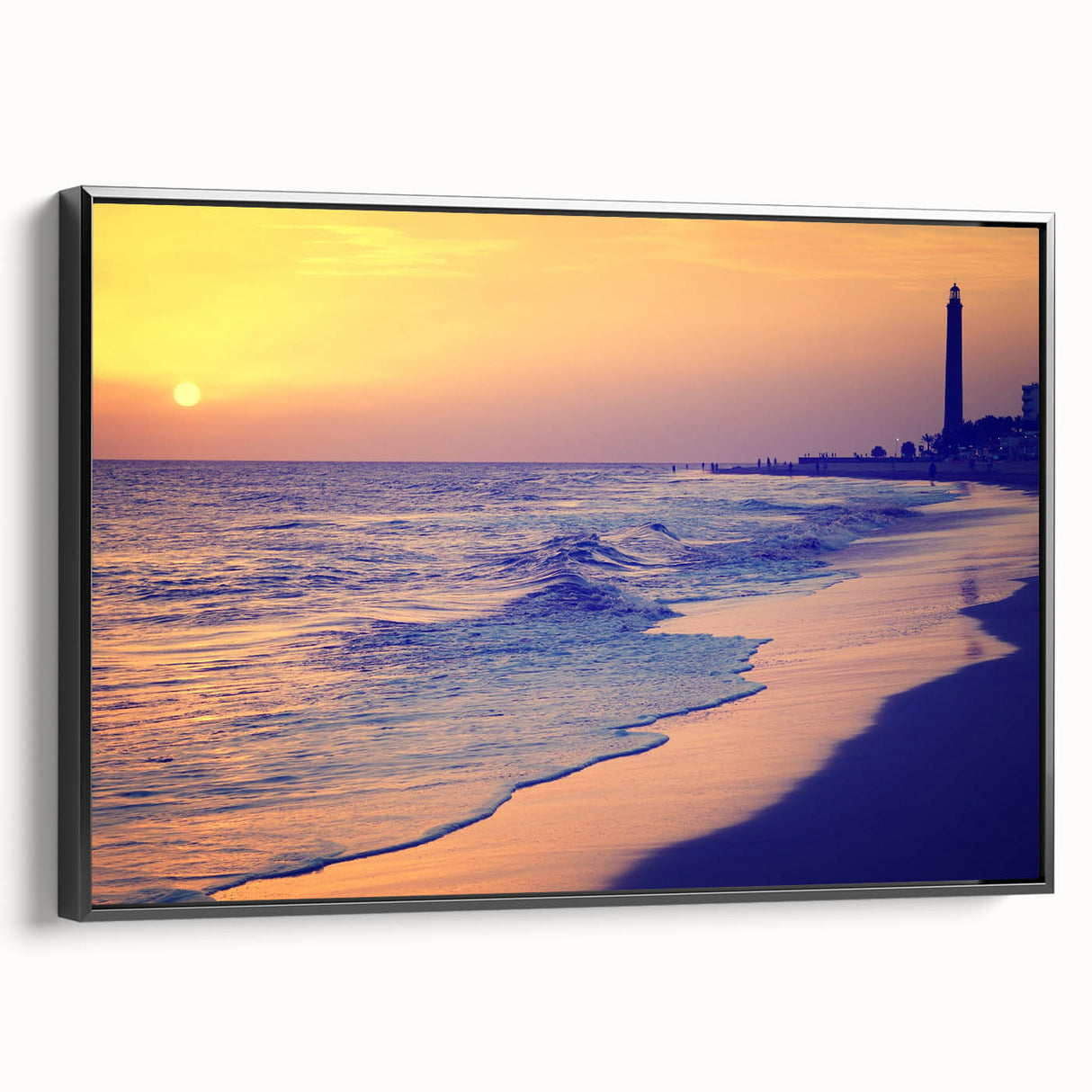 Black and white framed canvas featuring a vintage landscape painting of a European scenery, ideal for bedroom wall art.
