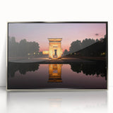 Mid-century modernist art depicting the Madrid skyline in pastel hues on a silver-framed acrylic print.