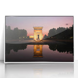 Art deco poster of Madrid skyline in muted gray tones on framed acrylic, ideal for modern bedroom ambiance.