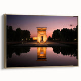 Framed canvas of a vintage Madrid landscape in black and gold tones, ideal for bedroom wall art.