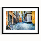 Extra large, colorful abstract art print of Stockholm scenery in black frame, ideal for living room decor.