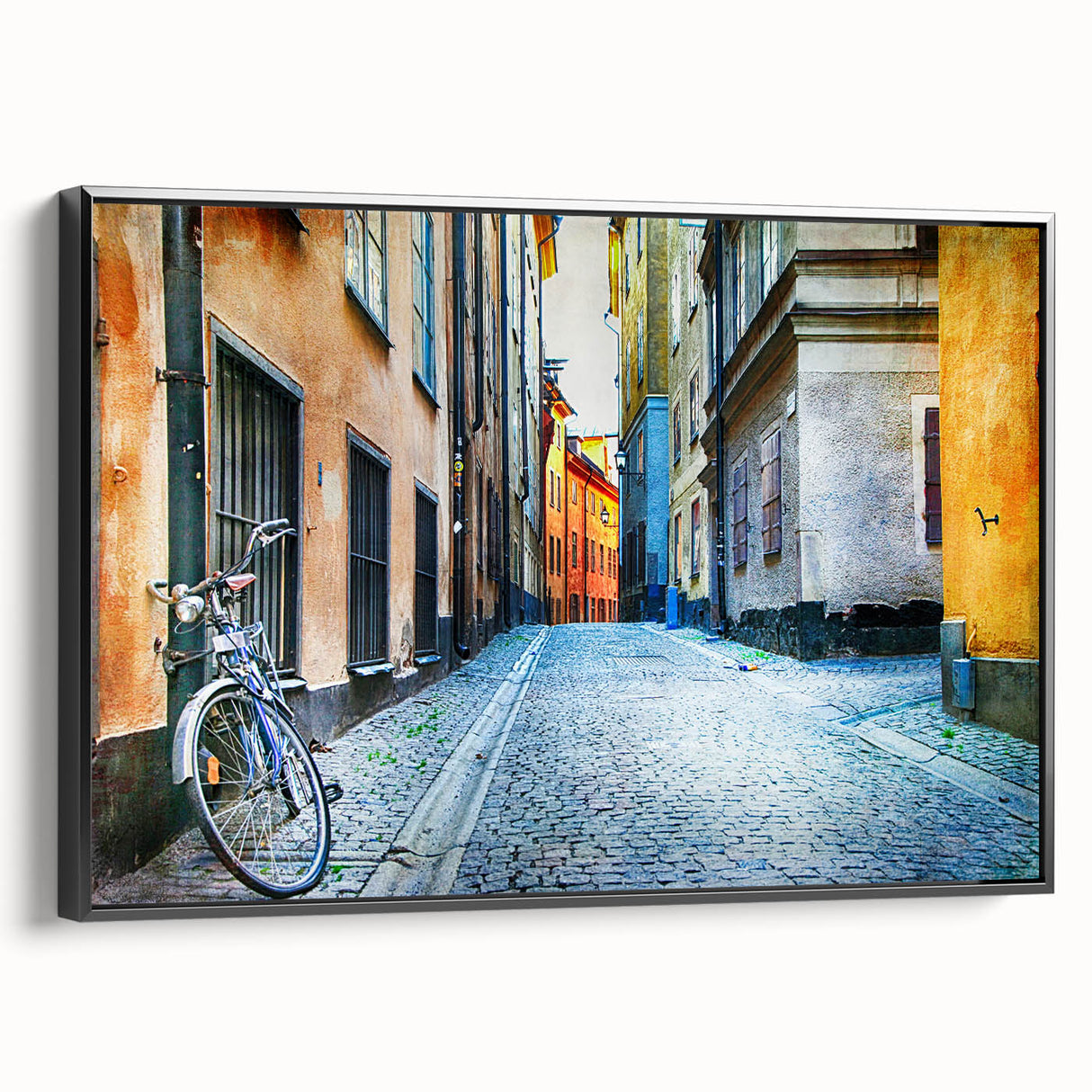 Black and white framed canvas of Stockholm's landscape with vintage poster art style, suitable for bedroom decor.