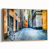 Framed canvas of Stockholm landscape, vintage poster style with black and gold tones, suitable for bedroom wall art.