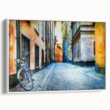 Vintage poster art of Stockholm scenery on framed canvas, featuring colorful buildings and black sky.