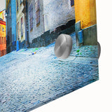 Mid-century modernist art of Stockholm's skyline in muted blue and gray tones on large acrylic glass.