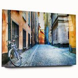 Large abstract wall art of Stockholm scenery in muted blue and gray tones on acrylic glass.