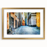 Extra large abstract art print of Stockholm scenery in muted blue and gold tones on a framed canvas.