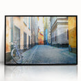 Large abstract wall art of Stockholm skyline in muted gray and blue tones on a framed acrylic print.