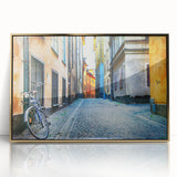 Large art print of Stockholm's skyline in muted gold and blue tones on a framed acrylic, ideal for modern art wall decor.