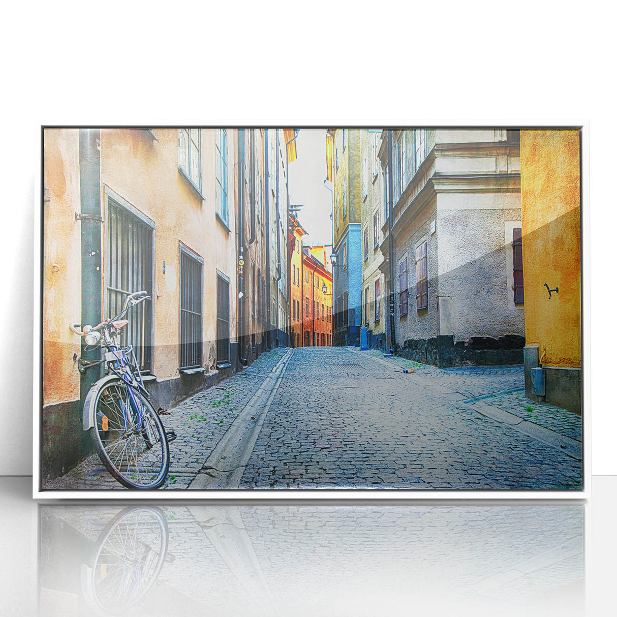 Art deco poster of Stockholm skyline in muted blue and grey tones on a framed acrylic, ideal for modern nursery wall decor.