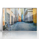 Art deco poster of Stockholm skyline in muted blue and grey tones on a framed acrylic, ideal for modern nursery wall decor.