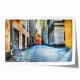 Extra large wall art depicting Stockholm scenery in muted blue and green tones on rolled print.