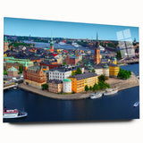 Large abstract wall art depicting a serene European landscape in muted blue and green hues, printed on acrylic glass.