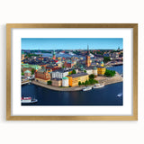 Extra large abstract art print of a textured European scenery in gold frame, ideal for living room decor.